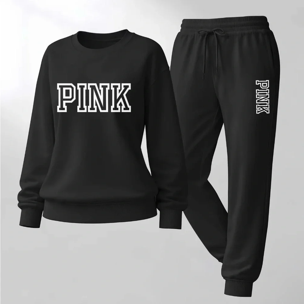 Women’s Pink Letter Print Crewneck Sweatshirt and Drawstring Track Pants Set L - Picture 2 of 13